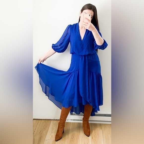 Taylor Royal Blue Azure Chiffon V neck High Low Midi Dress Medium - Picture 3 of 16